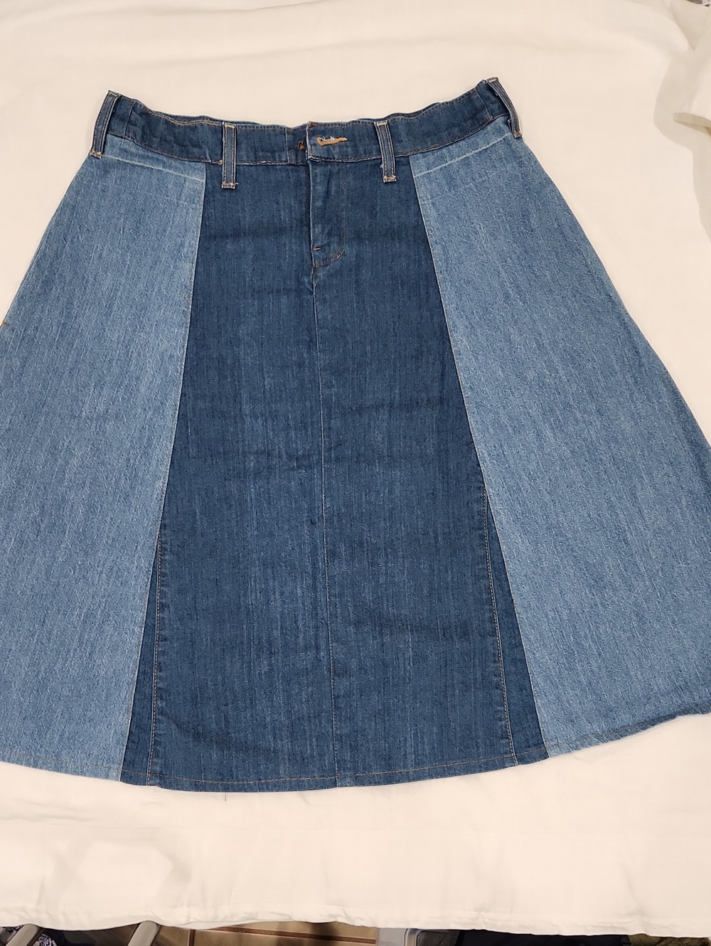 Upcycled Two-Tone Blue Denim A-Line Skirt Size L